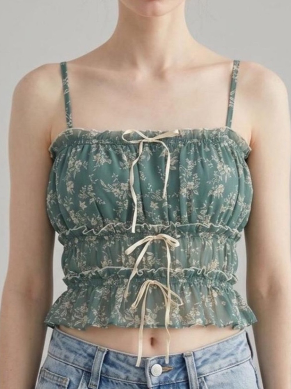 Floral Cream Sage Green Bow Smocked Ruffle Tiered Cami Top Blouse M Medium